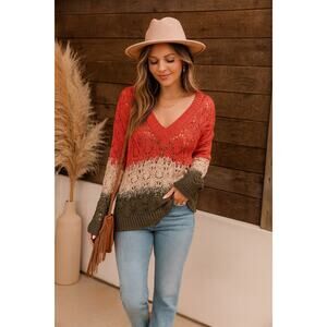 POL Crochet Open Knit Sweater | Rust Beige Olive Color block Boho | Medium